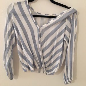 Blue and white striped wrap v neck top